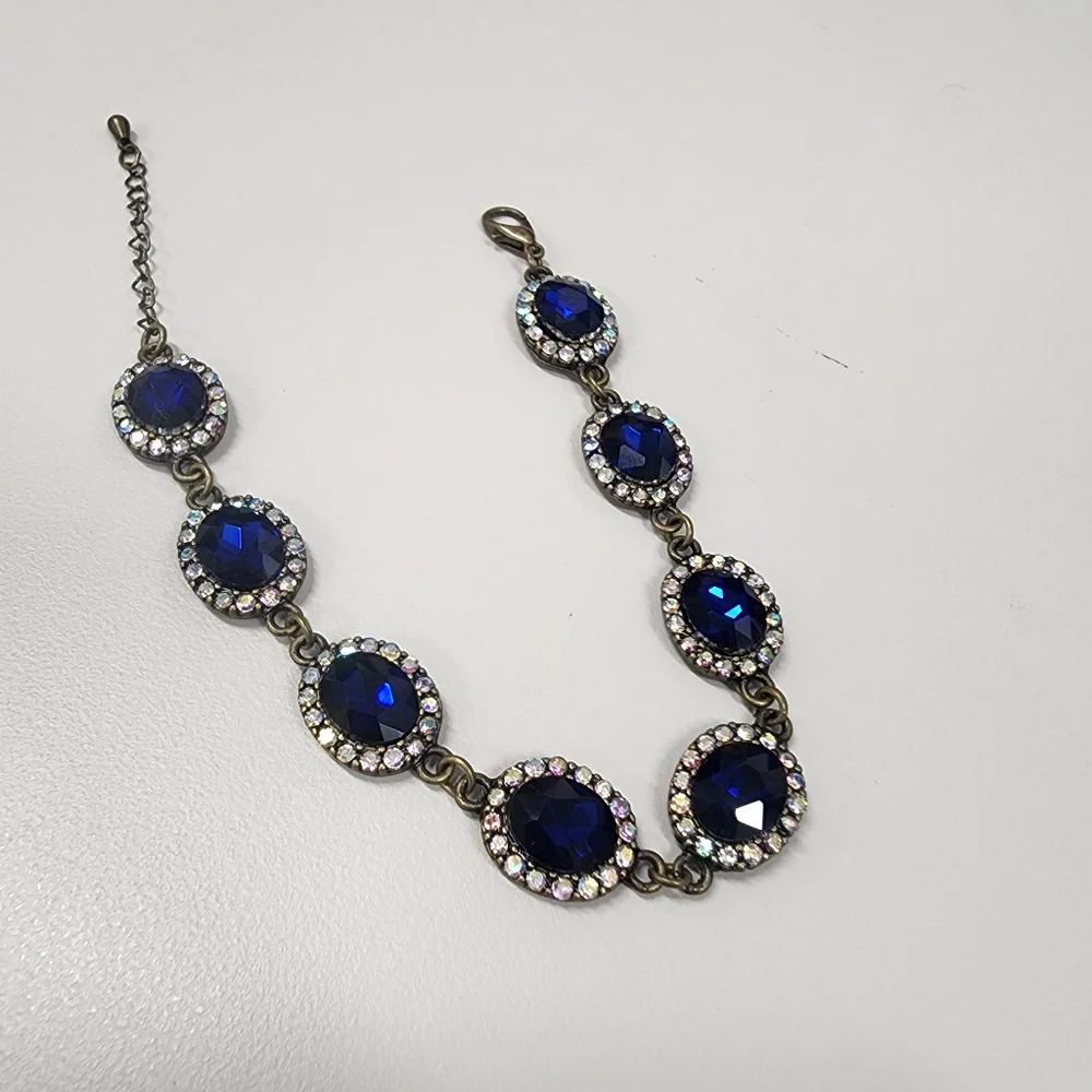 Sapphire Blue Oval & Aurora Borealis Rhinestone Crystal Bracelet Antique-Gold
